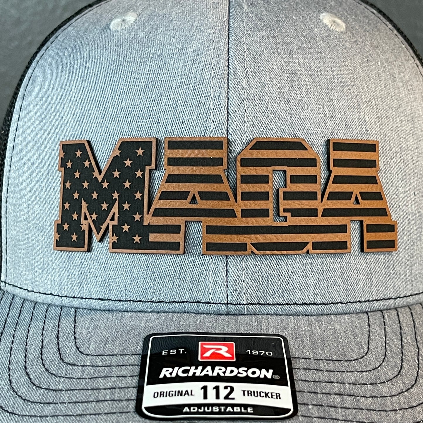 MAGA American Flag Patriotic Leather Patch SnapBack Trucker Hat Rawhide