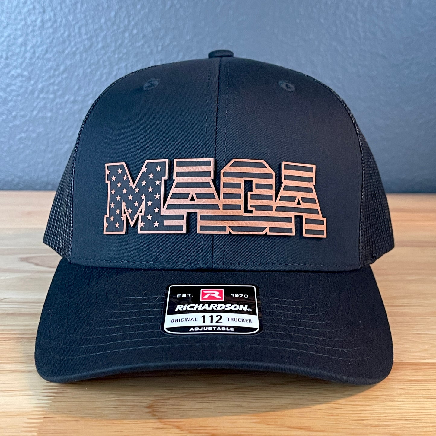 MAGA American Flag Patriotic Leather Patch SnapBack Trucker Hat