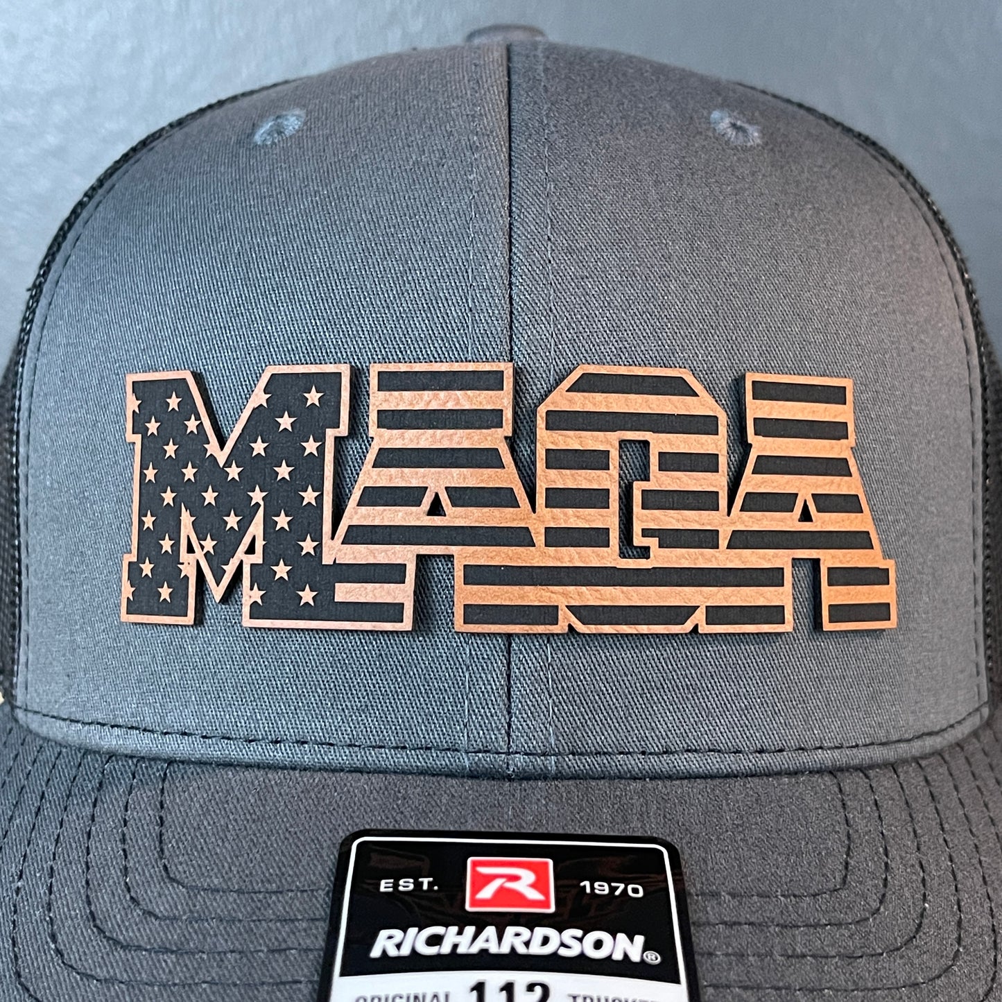 MAGA American Flag Patriotic Leather Patch SnapBack Trucker Hat