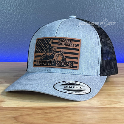 Grazed & Unfazed Trump 2024 Flag SnapBack Trucker Rawhide Leather Patch Hat