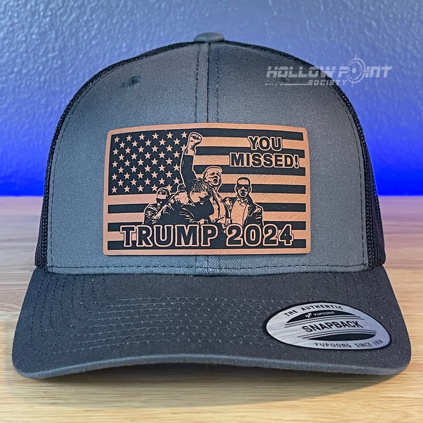 YOU MISSED Trump 2024 Flag SnapBack Trucker Rawhide Leather Patch Hat Charcoal