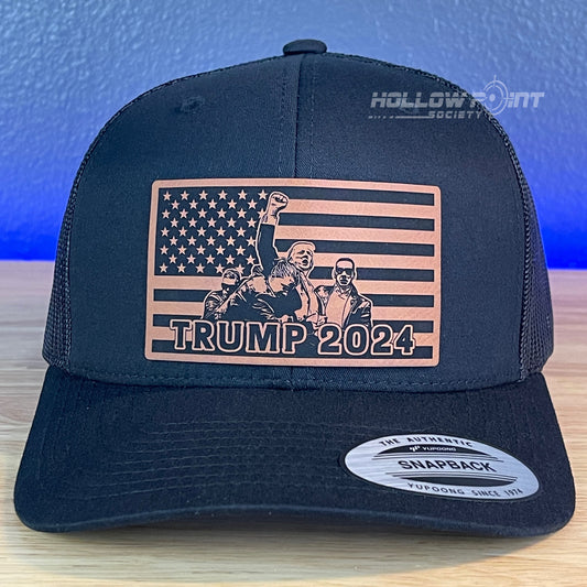 Trump 2024 American Flag SnapBack Trucker Rawhide Leather Patch Hat Black