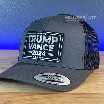 TRUMP VANCE 2024 SnapBack Trucker Blk/Silver Leather Patch Hat Charcoal