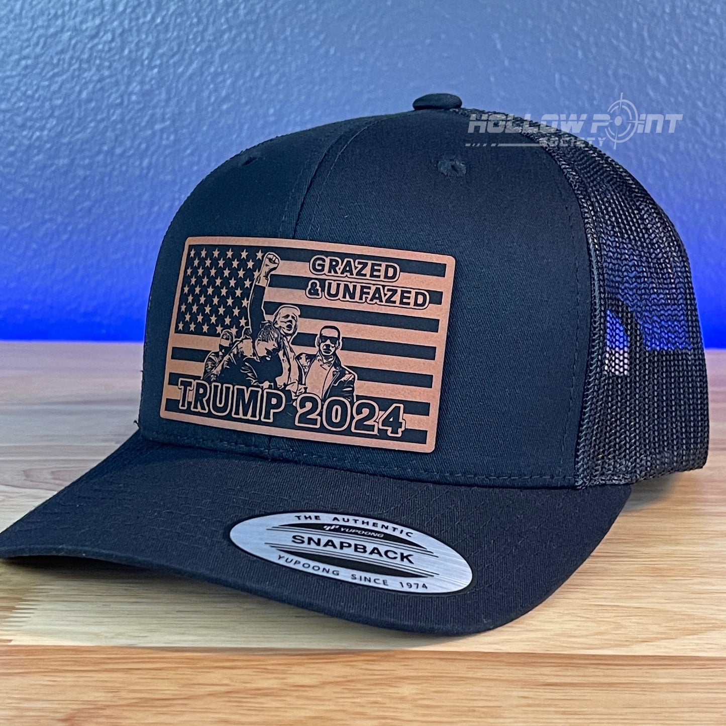 Grazed & Unfazed Trump 2024 SnapBack Trucker Rawhide Leather Flag Patch Black Hat