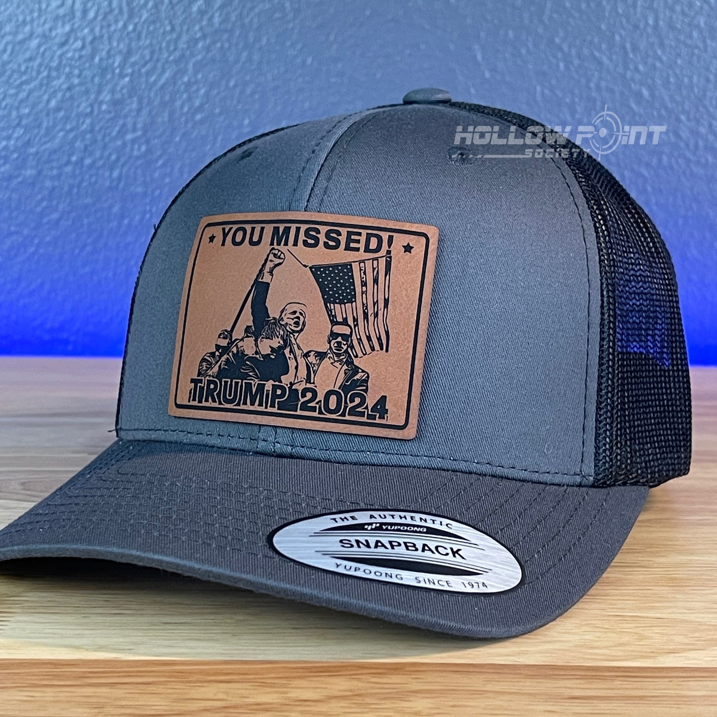 YOU MISSED Trump 2024 SnapBack Trucker Rawhide Leather Patch Charcoal Hat