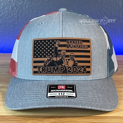 GRAZED & UNFAZED Trump 2024 Flag Leather Patch SnapBack Trucker Hat Stars & Stripes