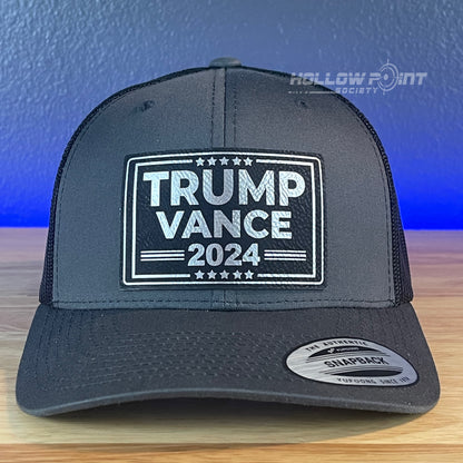 TRUMP VANCE 2024 SnapBack Trucker Blk/Silver Leather Patch Hat Charcoal