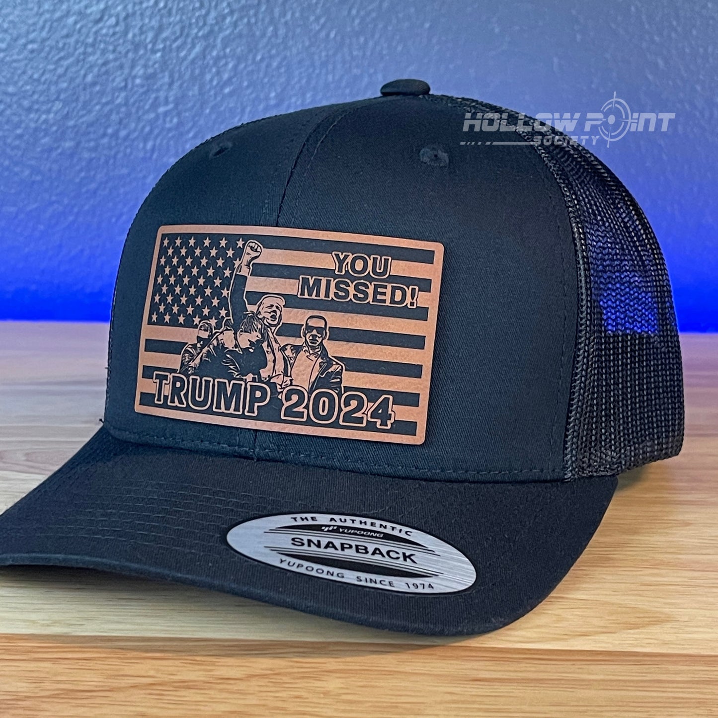 YOU MISSED Trump 2024 Flag SnapBack Trucker Rawhide Leather Patch Hat Black