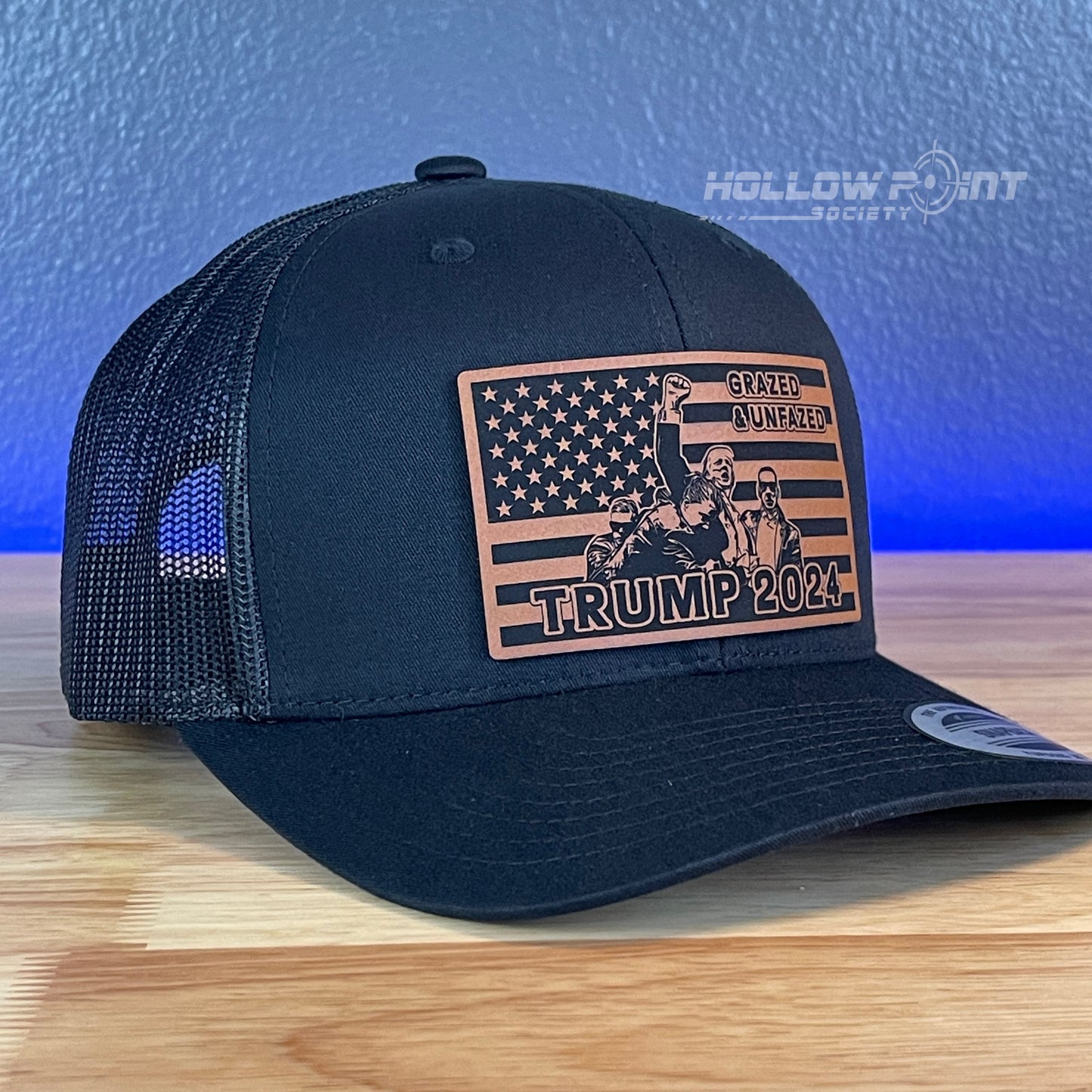 Grazed & Unfazed Trump 2024 SnapBack Trucker Rawhide Leather Flag Patch Black Hat