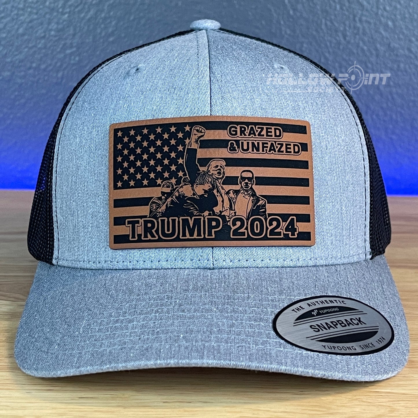 Grazed & Unfazed Trump 2024 Flag SnapBack Trucker Rawhide Leather Patch Hat