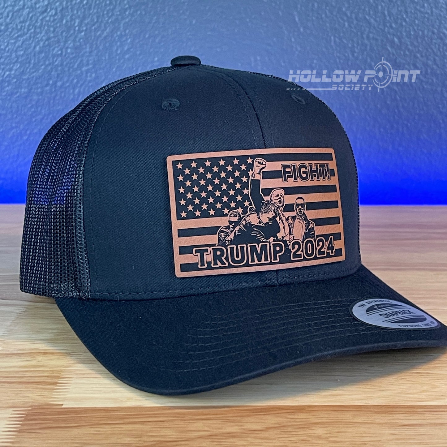 Trump 2024 Fight Flag SnapBack Trucker Rawhide Leather Patch Hat Black