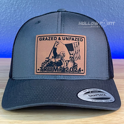 Grazed & Unfazed Trump 2024 SnapBack Trucker Rawhide Leather Patch Charcoal Hat