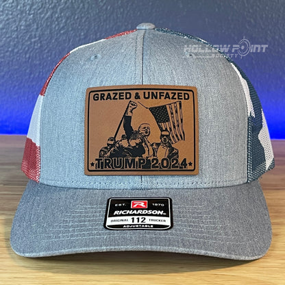 GRAZED & UNFAZED Trump 2024 Leather Patch SnapBack Trucker Hat Stars & Stripes