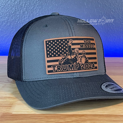 YOU MISSED Trump 2024 Flag SnapBack Trucker Rawhide Leather Patch Hat Charcoal