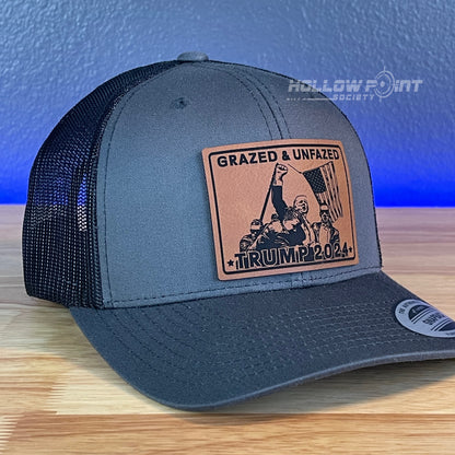 Grazed & Unfazed Trump 2024 SnapBack Trucker Rawhide Leather Patch Charcoal Hat