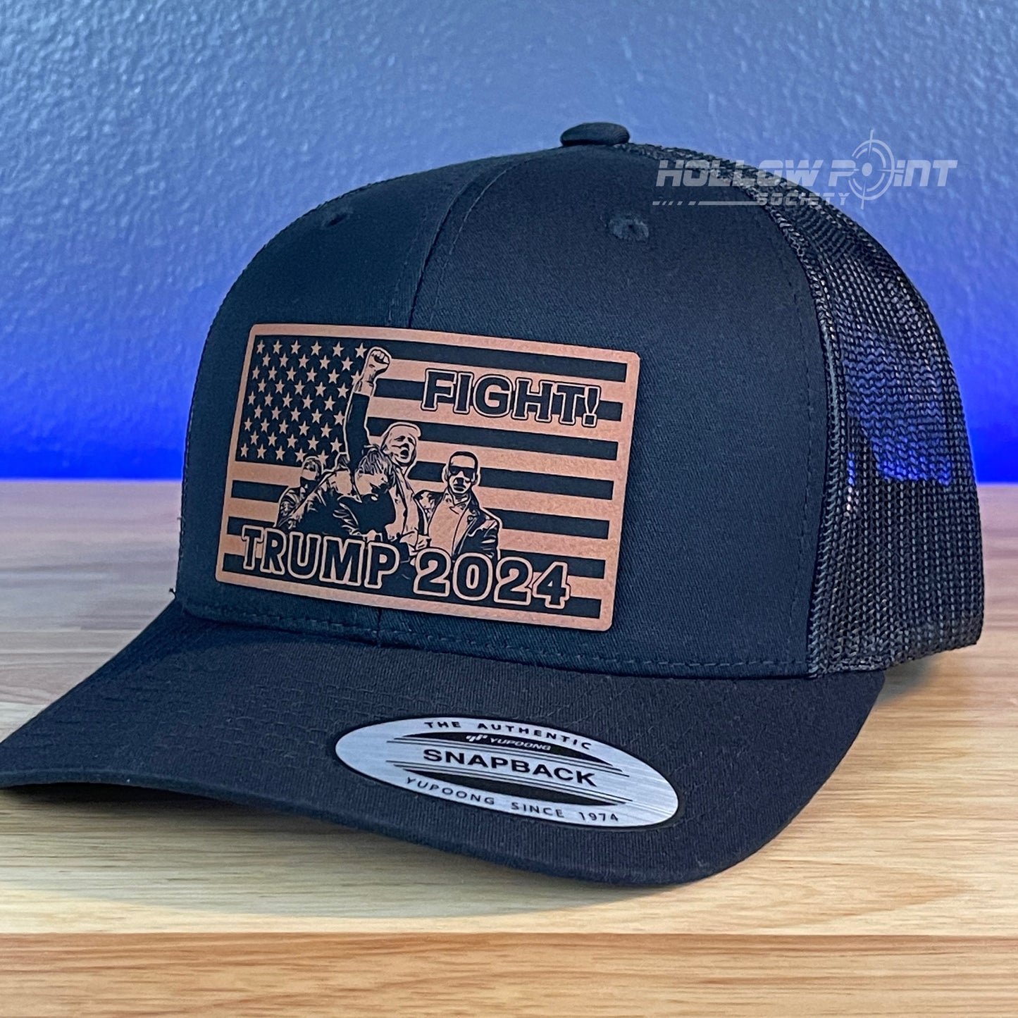 Trump 2024 Fight Flag SnapBack Trucker Rawhide Leather Patch Hat Black