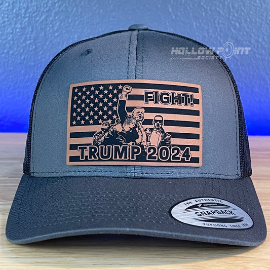 Trump 2024 SnapBack Trucker Rawhide Leather Fight Flag Patch Hat Charcoal