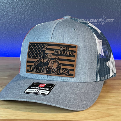 YOU MISSED Trump 2024 Flag Leather Patch SnapBack Trucker Hat Stars & Stripes