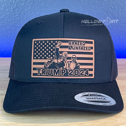 Grazed & Unfazed Trump 2024 SnapBack Trucker Rawhide Leather Flag Patch Black Hat