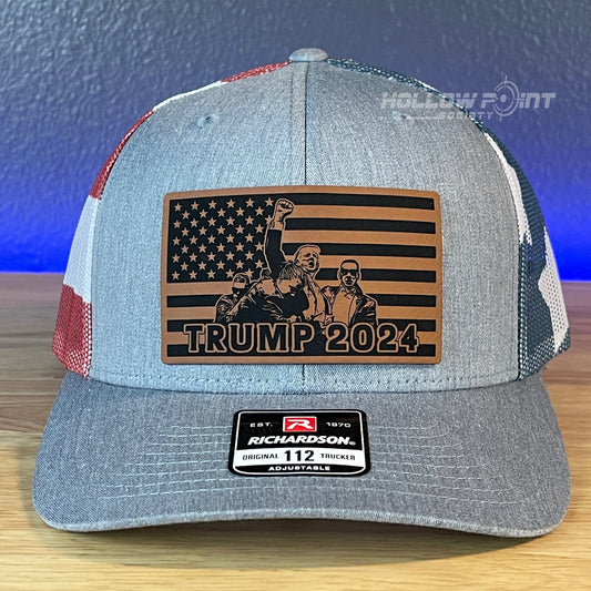 Trump 2024 Flag Leather Patch SnapBack Trucker Hat Stars & Stripes