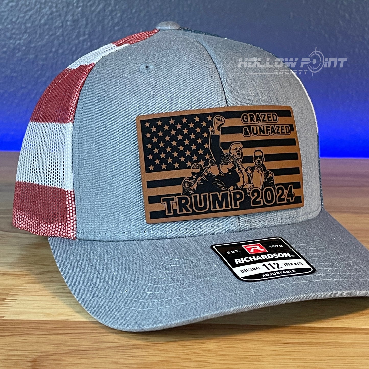 GRAZED & UNFAZED Trump 2024 Flag Leather Patch SnapBack Trucker Hat Stars & Stripes