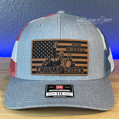 YOU MISSED Trump 2024 Flag Leather Patch SnapBack Trucker Hat Stars & Stripes