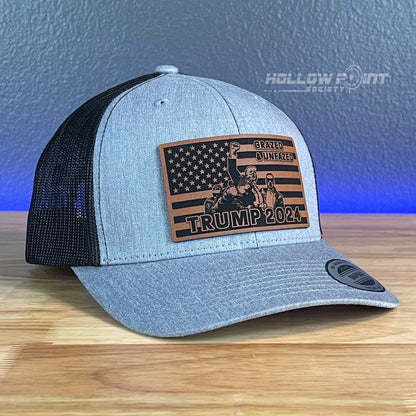 Grazed & Unfazed Trump 2024 Flag SnapBack Trucker Rawhide Leather Patch Hat