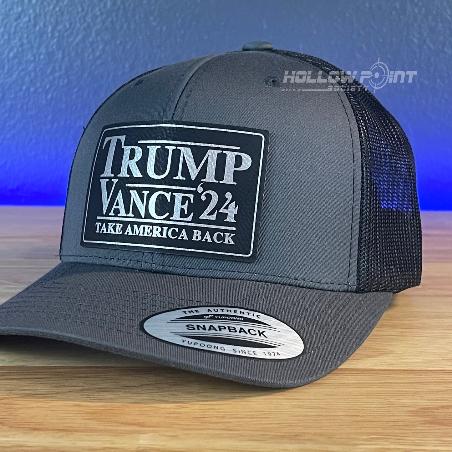 TRUMP VANCE 2024 Take America Back SnapBack Trucker Blk/Silver Leather Patch Hat Charcoal