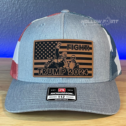 Trump 2024 Fight Flag Leather Patch SnapBack Trucker Hat Stars & Stripes