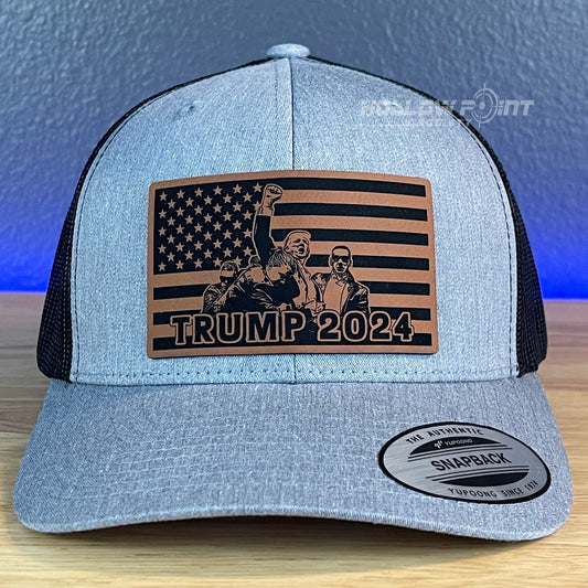 Trump 2024 American Flag SnapBack Trucker Rawhide Leather Patch Hat