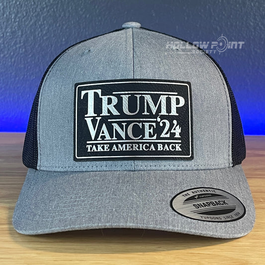 TRUMP VANCE 2024 Take America Back SnapBack Trucker Blk/Silver Leather Patch Hat