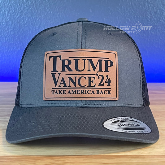 TRUMP VANCE 2024 Take America Back SnapBack Trucker Rawhide Leather Patch Hat Charcoal