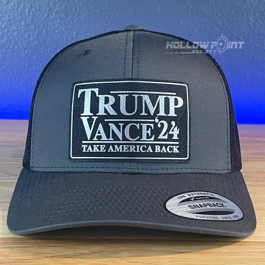 TRUMP VANCE 2024 Take America Back SnapBack Trucker Blk/Silver Leather Patch Hat Charcoal