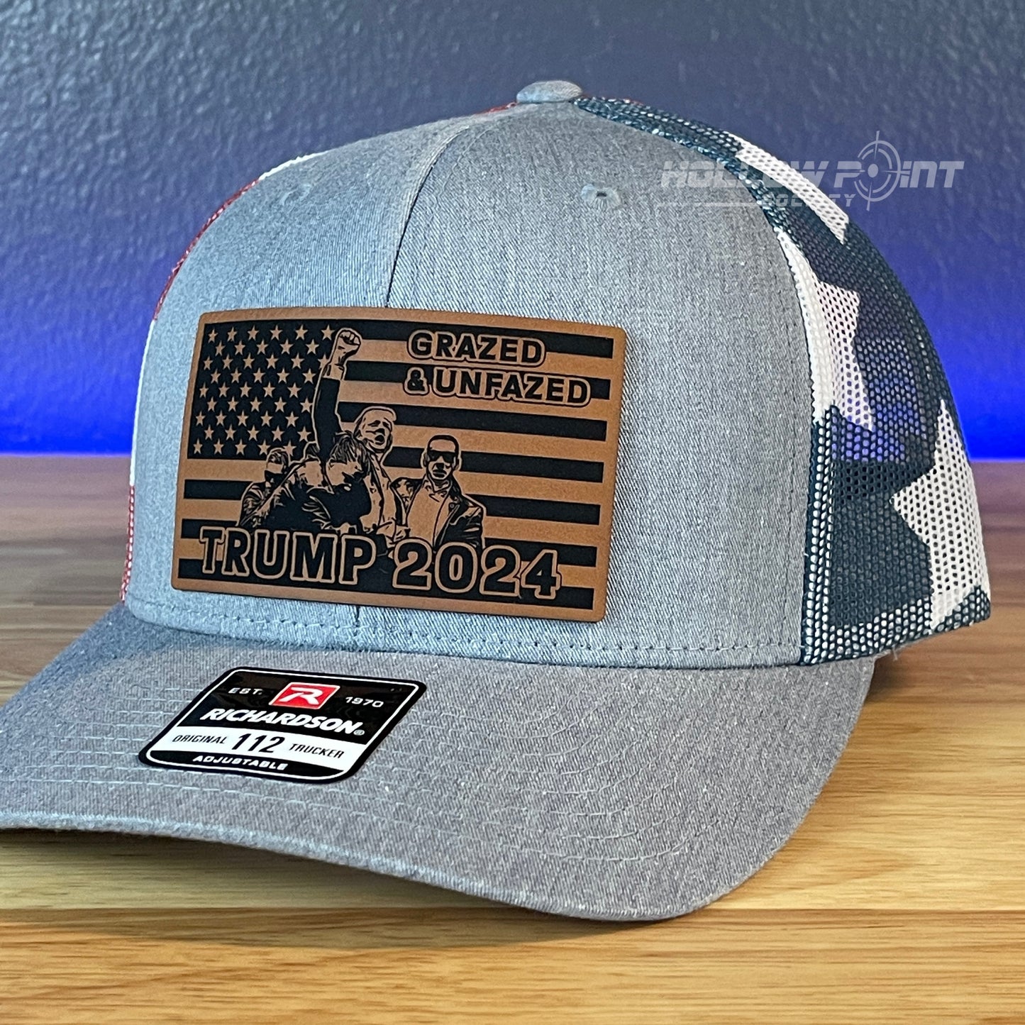 GRAZED & UNFAZED Trump 2024 Flag Leather Patch SnapBack Trucker Hat Stars & Stripes