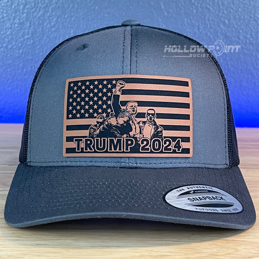 Trump 2024 American Flag SnapBack Trucker Rawhide Leather Patch Charcoal Hat