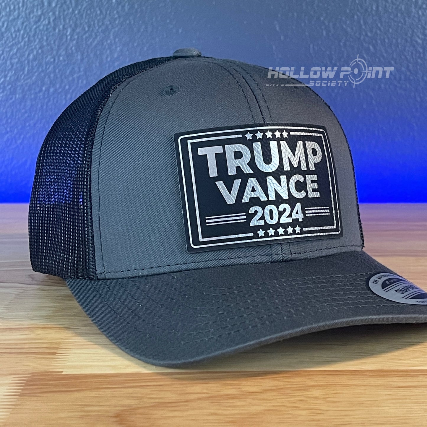 TRUMP VANCE 2024 SnapBack Trucker Blk/Silver Leather Patch Hat Charcoal