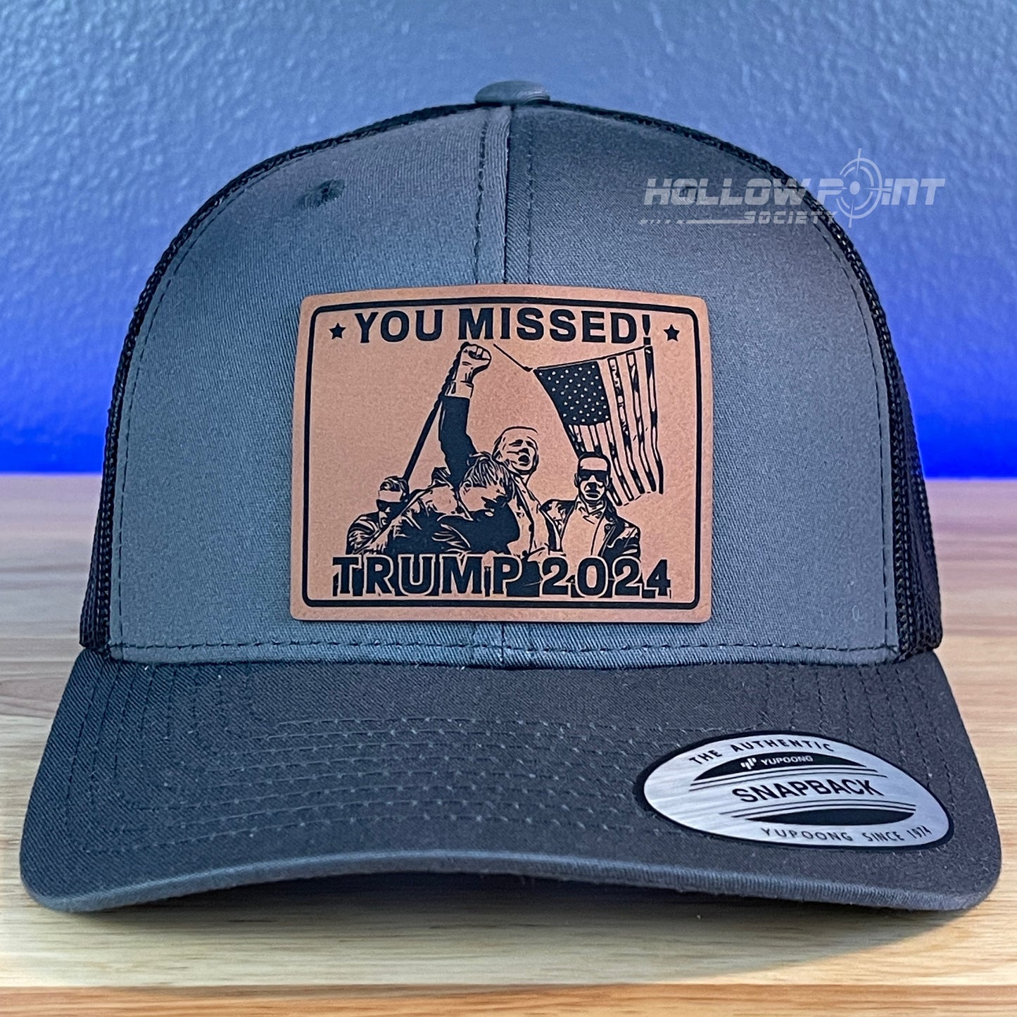 YOU MISSED Trump 2024 SnapBack Trucker Rawhide Leather Patch Charcoal Hat