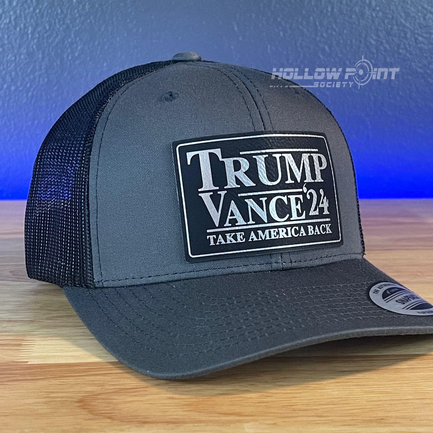 TRUMP VANCE 2024 Take America Back SnapBack Trucker Blk/Silver Leather Patch Hat Charcoal