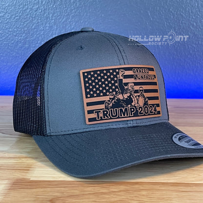 Grazed & Unfazed Trump 2024 SnapBack Trucker Rawhide Leather Flag Patch Charcoal Hat