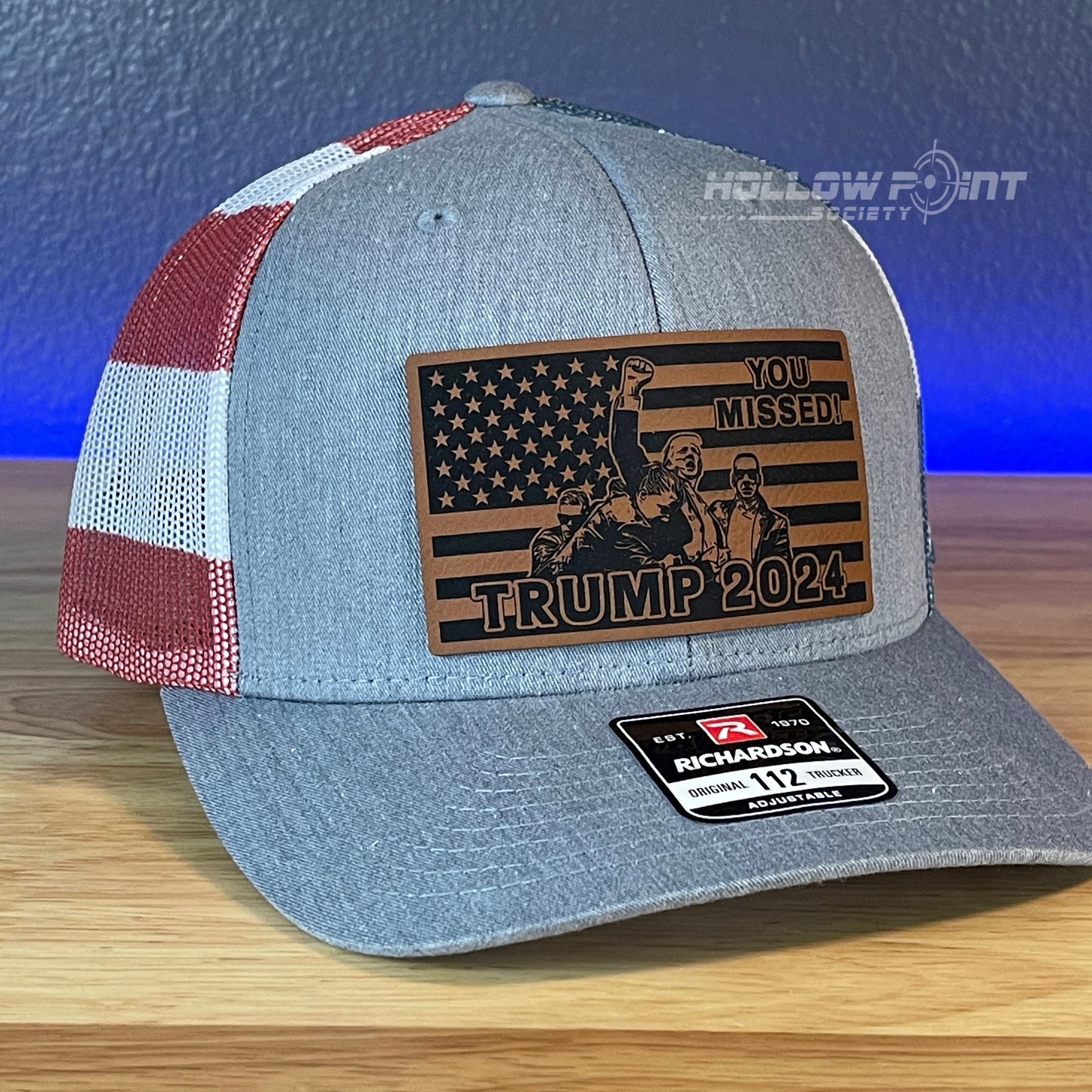 YOU MISSED Trump 2024 Flag Leather Patch SnapBack Trucker Hat Stars & Stripes