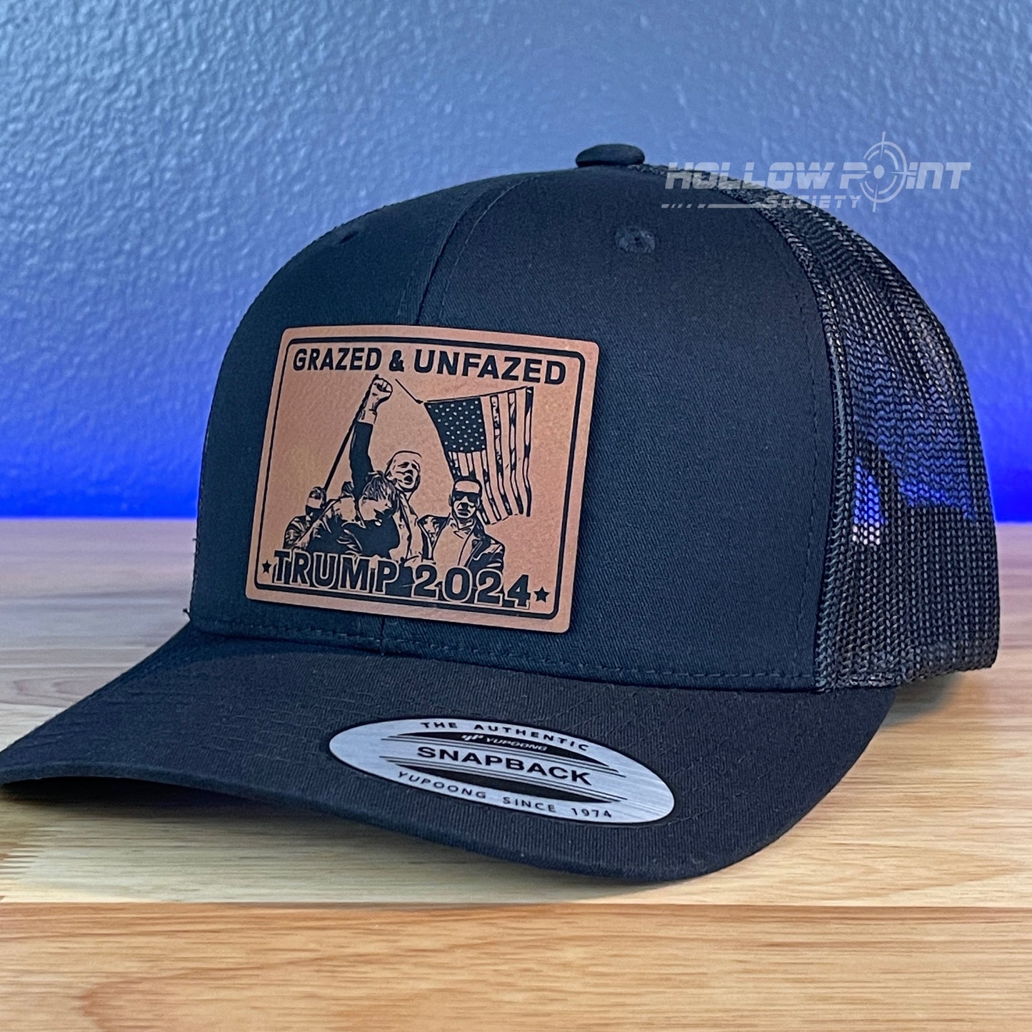 Grazed & Unfazed Trump 2024 SnapBack Trucker Rawhide Leather Patch Black Hat