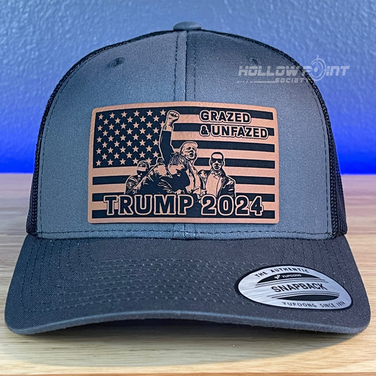 Grazed & Unfazed Trump 2024 SnapBack Trucker Rawhide Leather Flag Patch Charcoal Hat