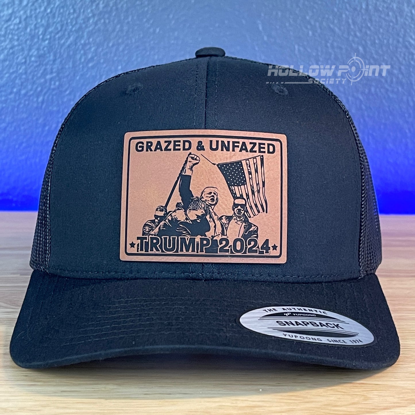 Grazed & Unfazed Trump 2024 SnapBack Trucker Rawhide Leather Patch Black Hat