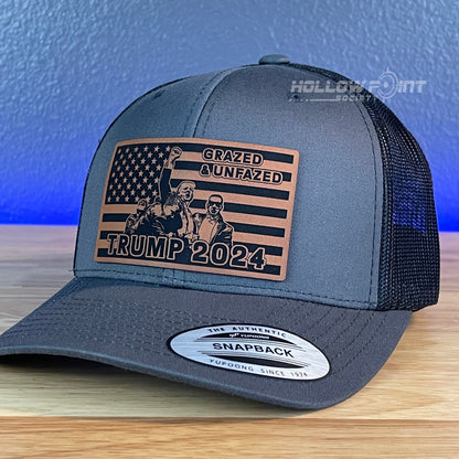 Grazed & Unfazed Trump 2024 SnapBack Trucker Rawhide Leather Flag Patch Charcoal Hat