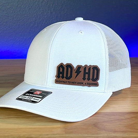 ADHD Funny Side Leather Patch Trucker Hat White Patch Hat - VividEditions