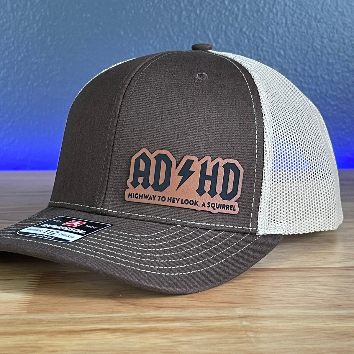 ADHD Hey Look A Squirrel Side Leather Patch Hat Brown Patch Hat - VividEditions