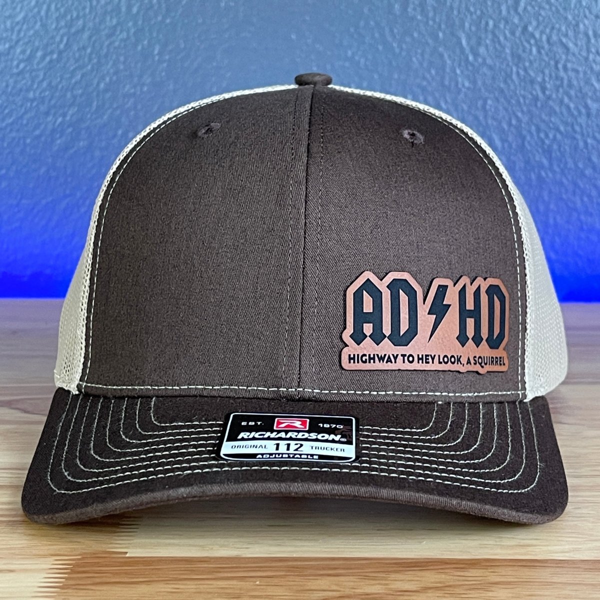 ADHD Hey Look A Squirrel Side Leather Patch Hat Brown Patch Hat - VividEditions