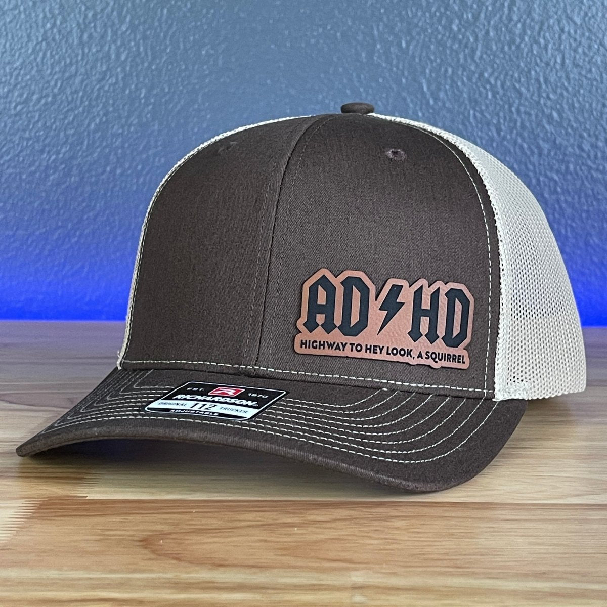 ADHD Hey Look A Squirrel Side Leather Patch Hat Brown Patch Hat - VividEditions