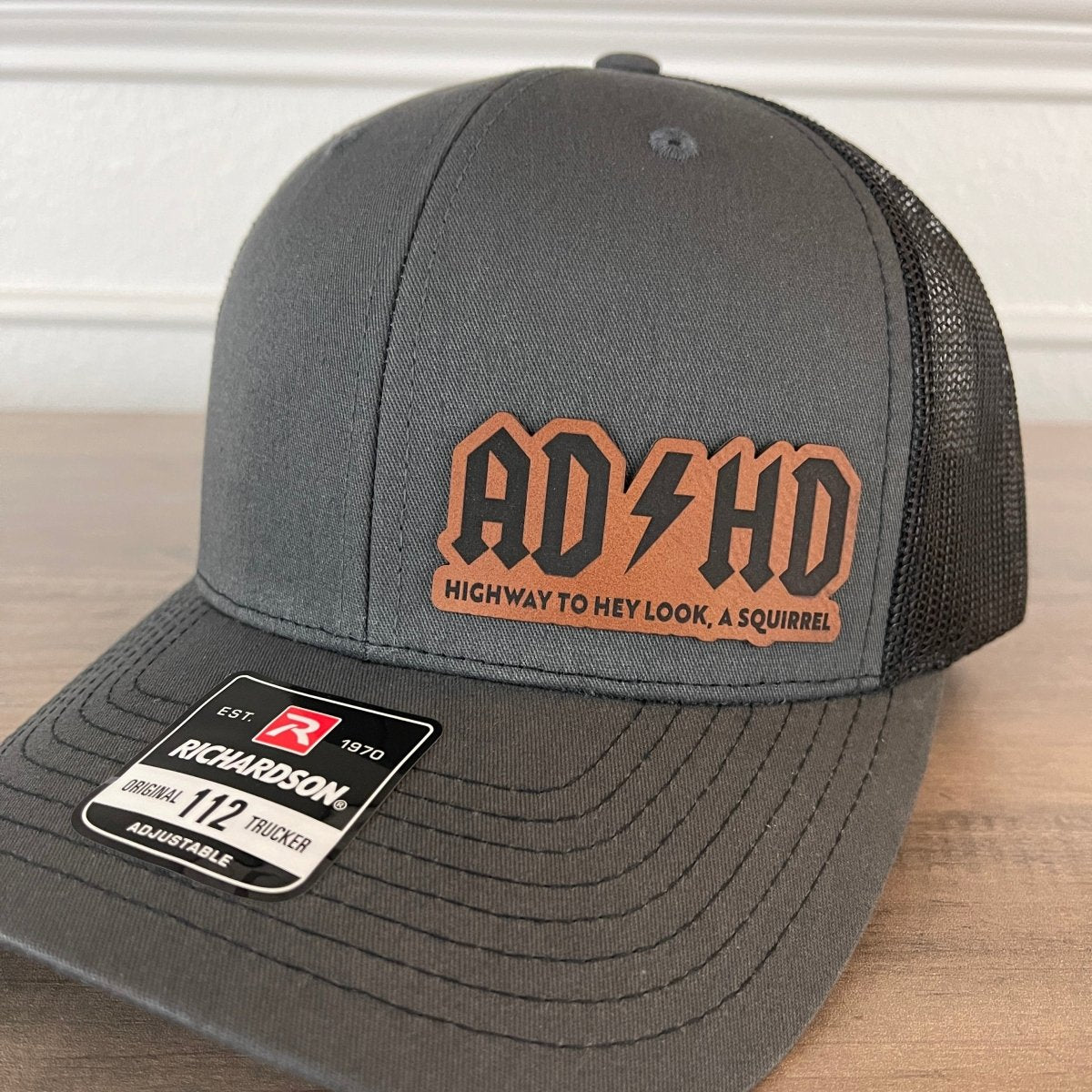 ADHD The Highway To Hey Look, A Squirrel Funny Leather Patch Hat Charcoal/Black Patch Hat - VividEditions