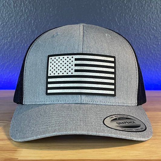 American Flag Patriotic SnapBack Trucker Leather Patch Hat (Blk/Silv) Patch Hat - VividEditions